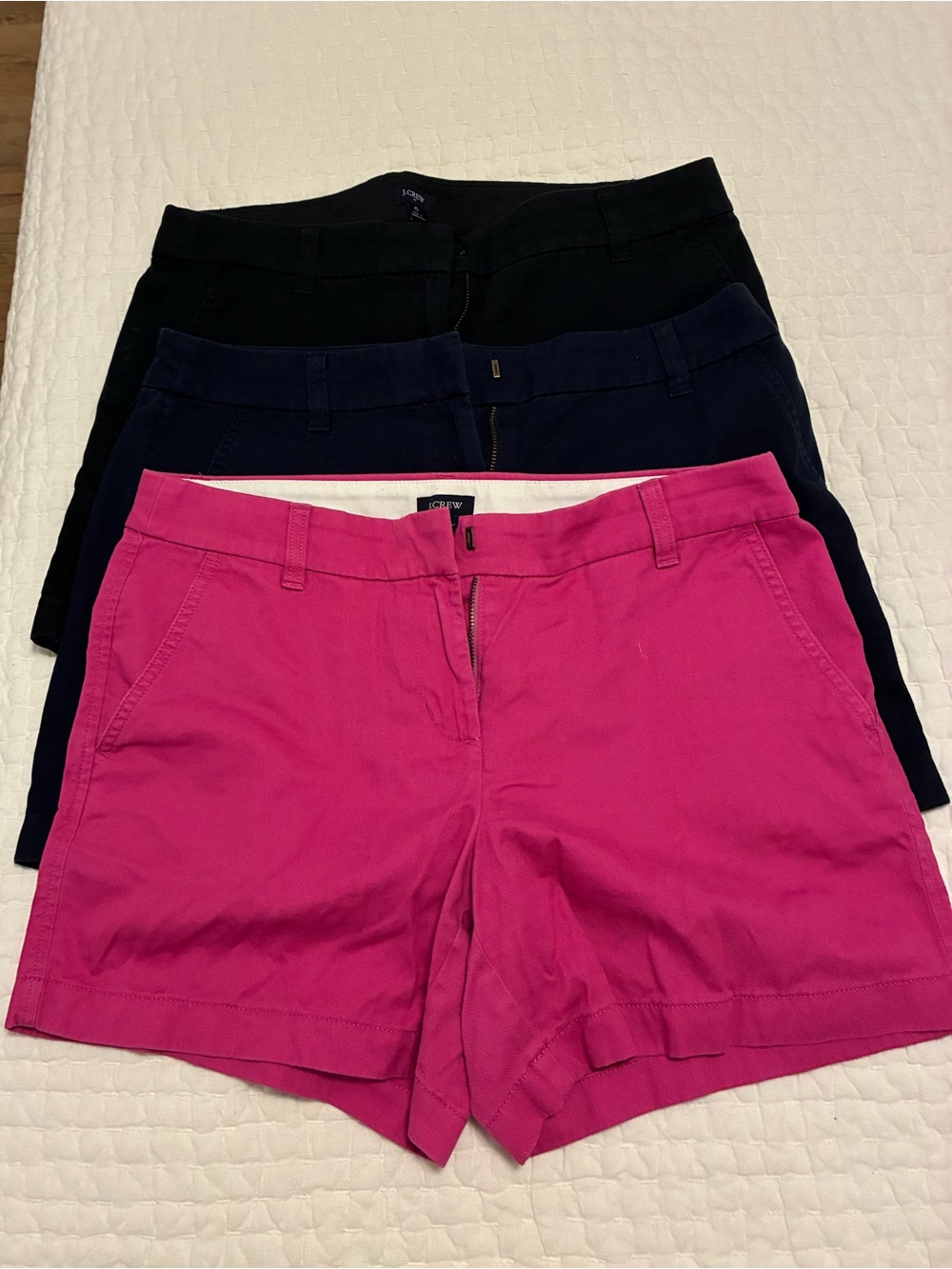 J. Crew Women's Chino Shorts: Bundle of 3, Black, Navy, Hot Pink
